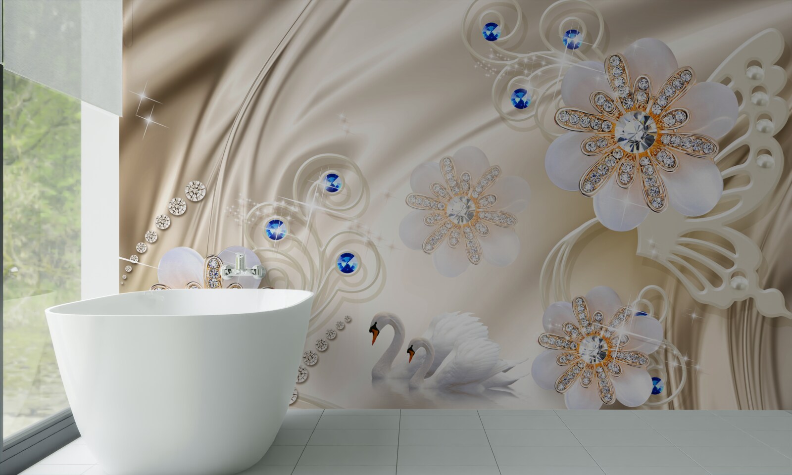 Fototapeta kolorowe klejnoty i łabędzie szybujące po wodzie