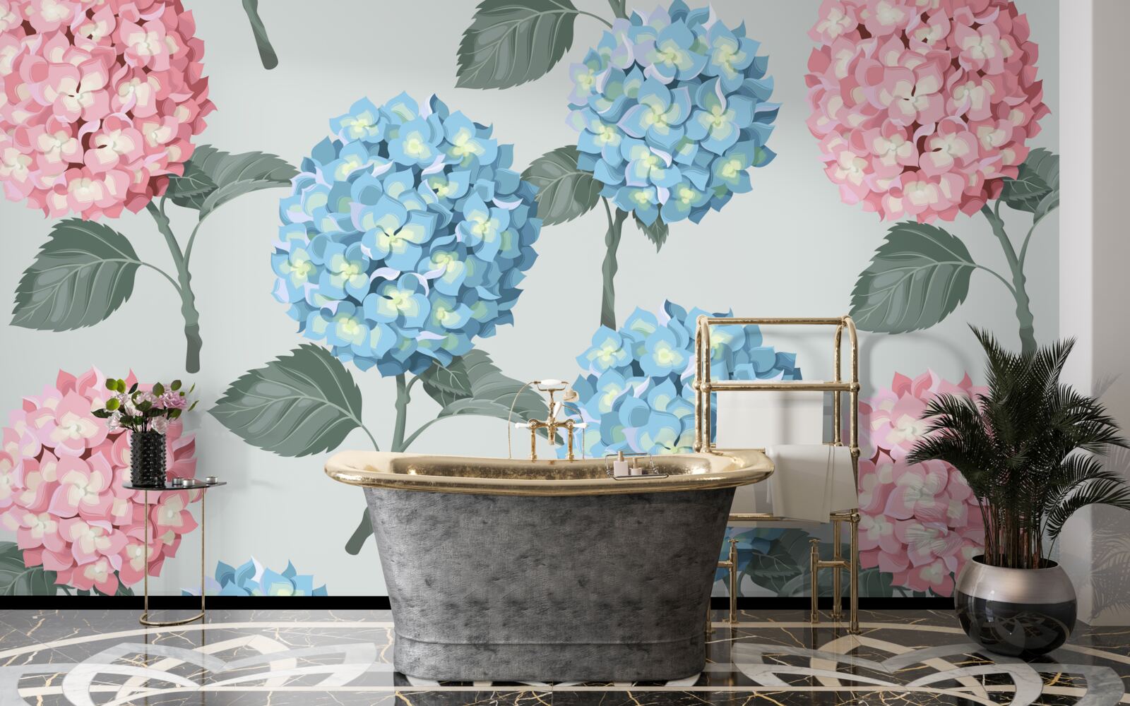 Fototapeta hortensje różowe i niebieskie
