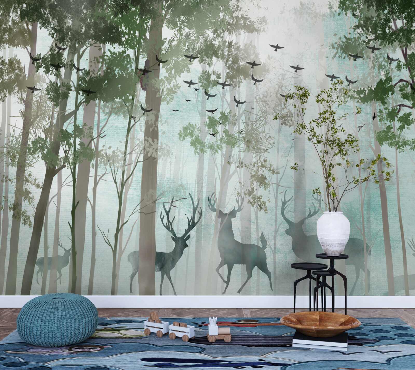 Fototapeta grupa jeleni wita poranek w mglistym lesie