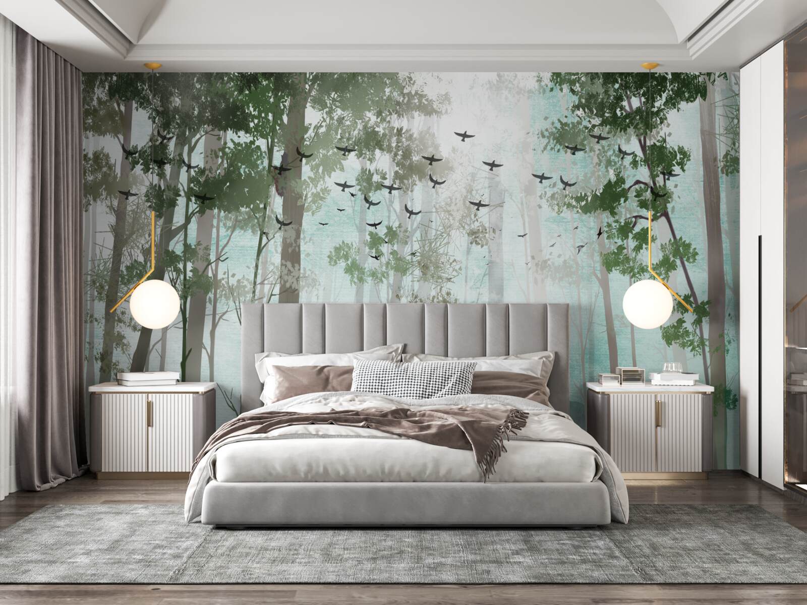 Fototapeta grupa jeleni wita poranek w mglistym lesie