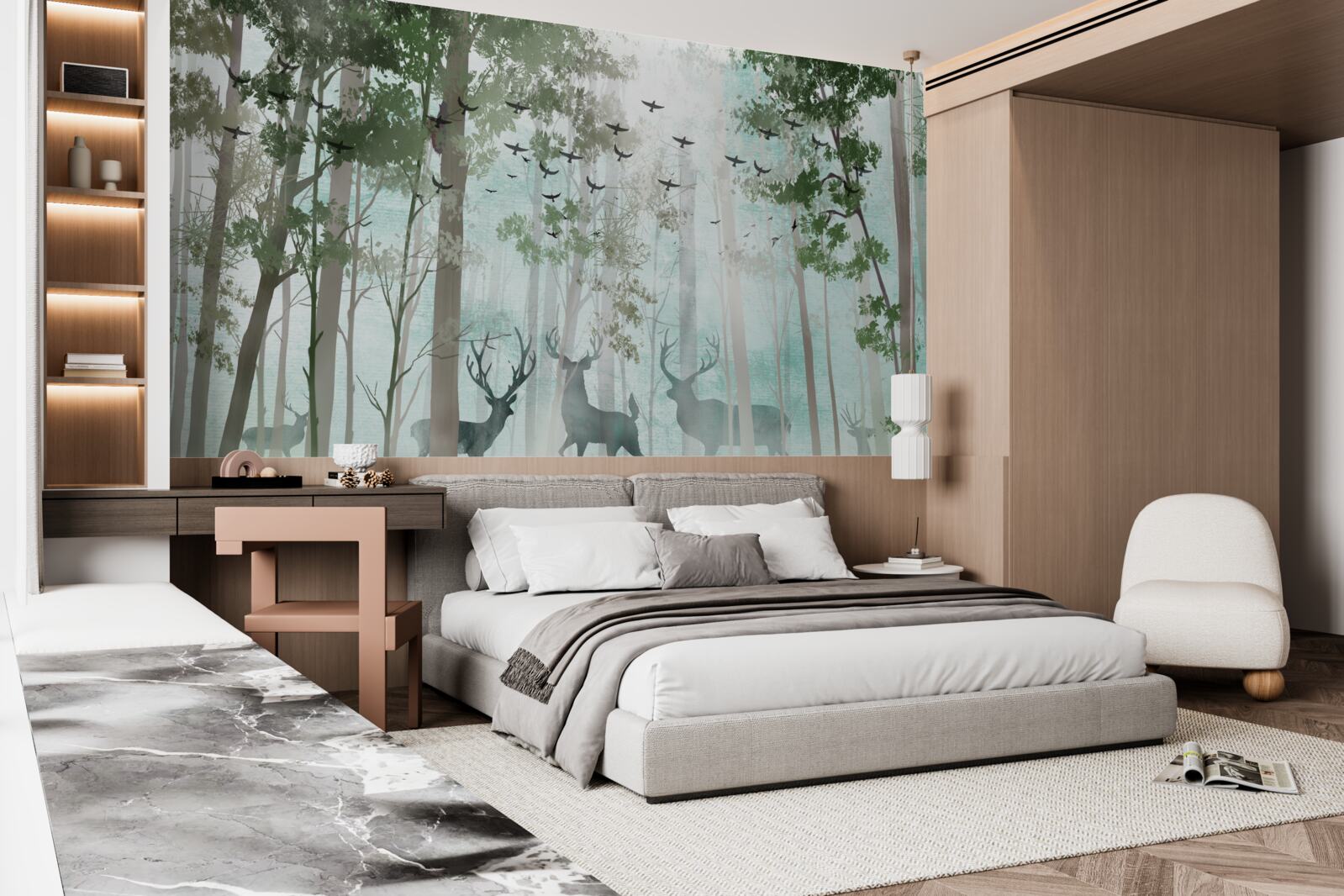 Fototapeta grupa jeleni wita poranek w mglistym lesie