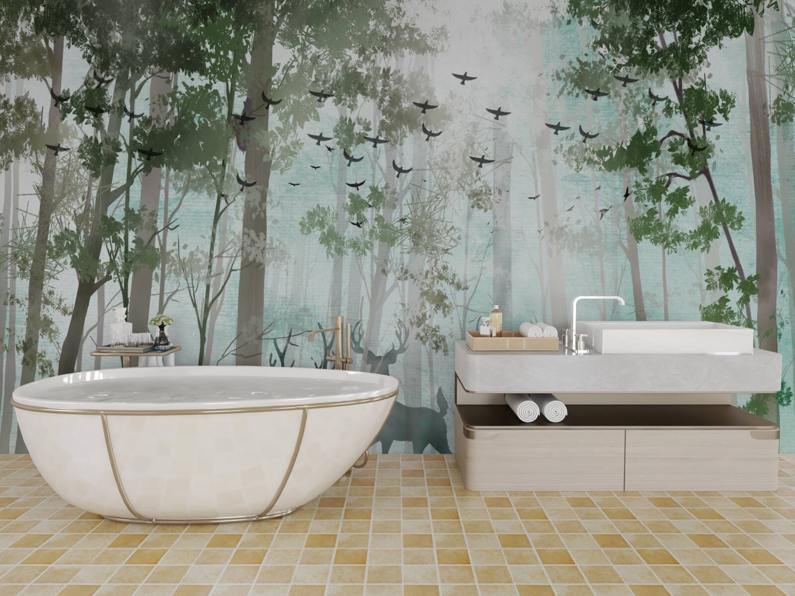 Fototapeta grupa jeleni wita poranek w mglistym lesie