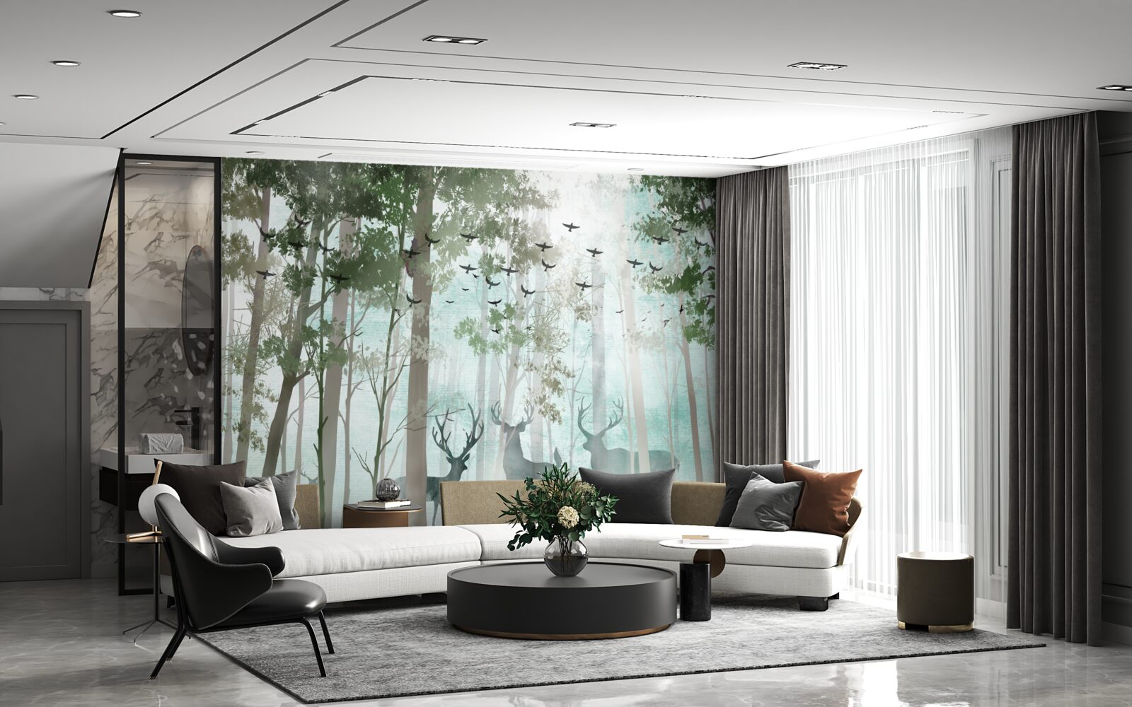 Fototapeta grupa jeleni wita poranek w mglistym lesie