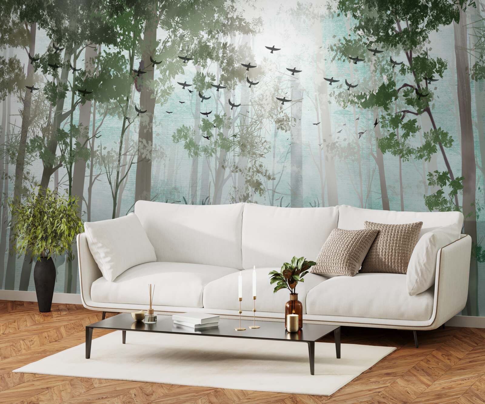 Fototapeta grupa jeleni wita poranek w mglistym lesie