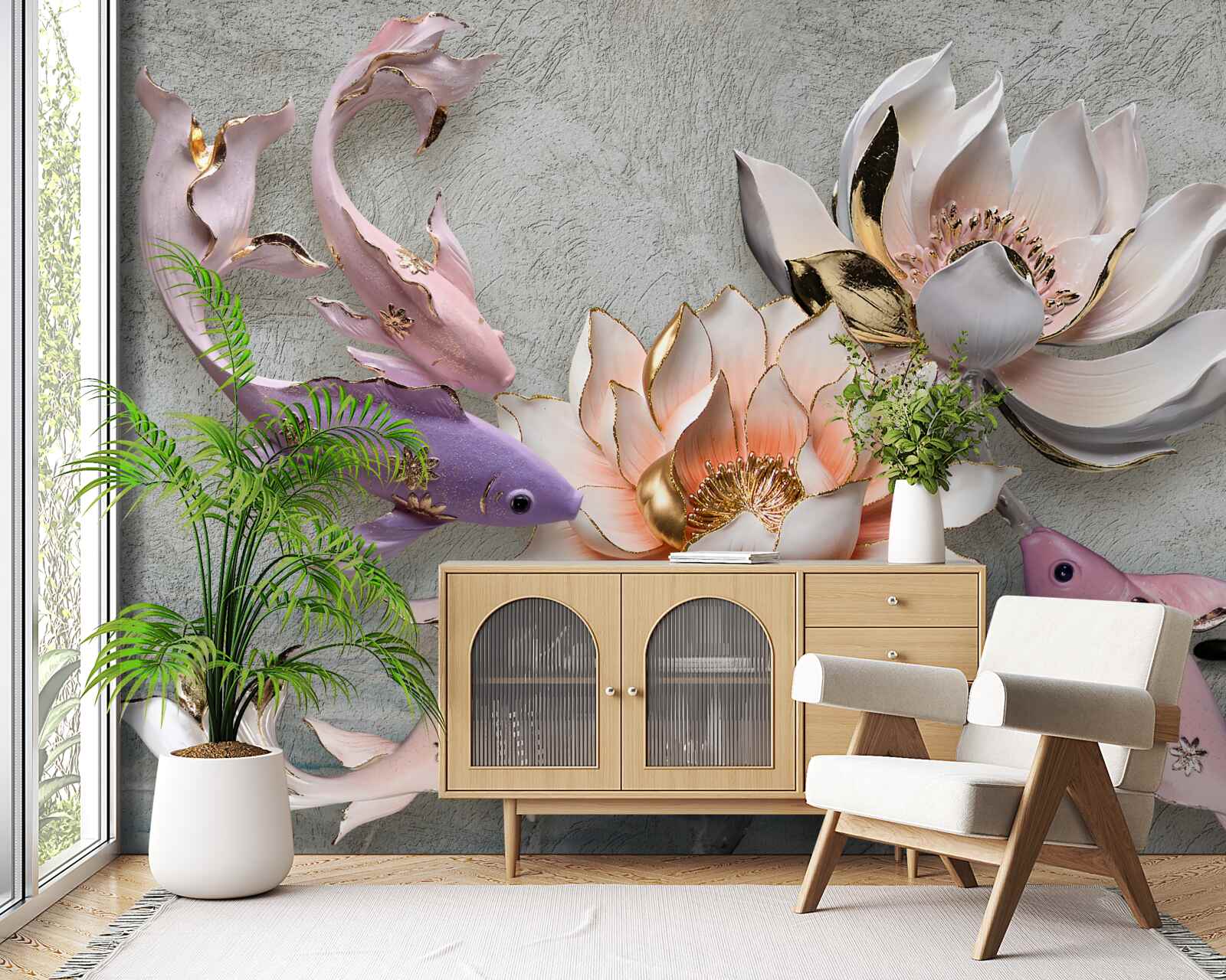 Fototapeta kwiaty w pobliżu jeziora, w którym pływają łabędzie