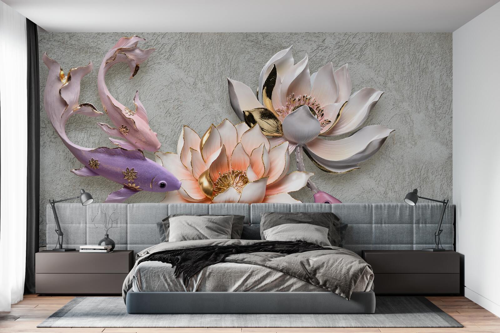 Fototapeta kwiaty w pobliżu jeziora, w którym pływają łabędzie