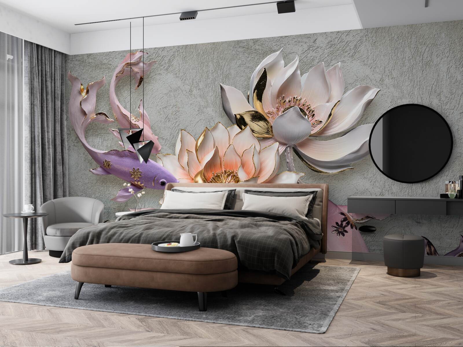 Fototapeta kwiaty w pobliżu jeziora, w którym pływają łabędzie