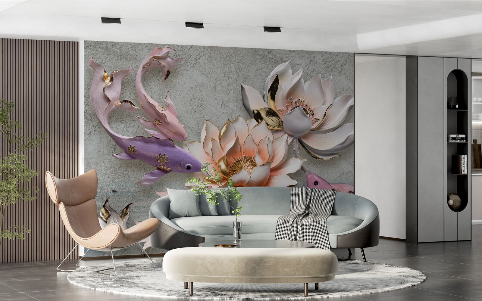 Fototapeta kwiaty w pobliżu jeziora, w którym pływają łabędzie