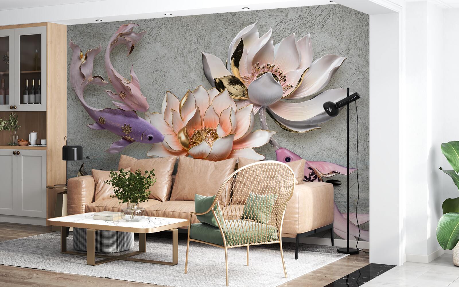 Fototapeta kwiaty w pobliżu jeziora, w którym pływają łabędzie