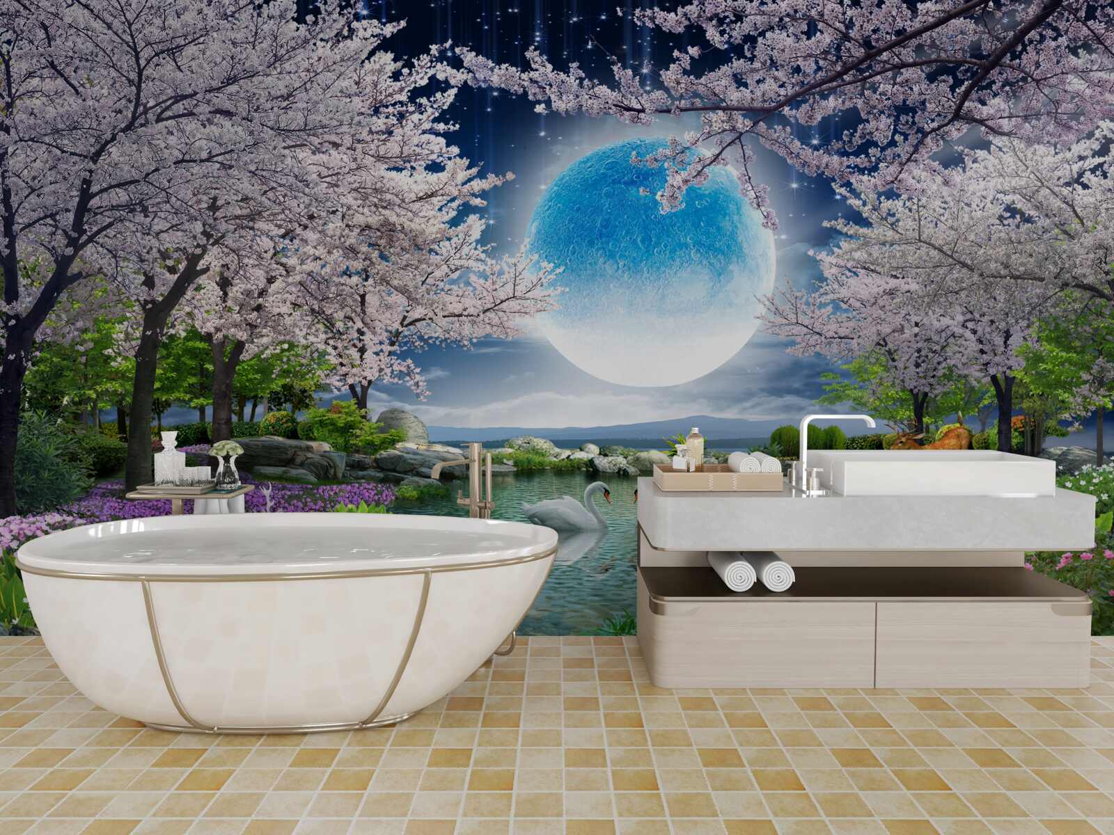 Fototapeta magiczny las pod kopułą ogromnego księżyca