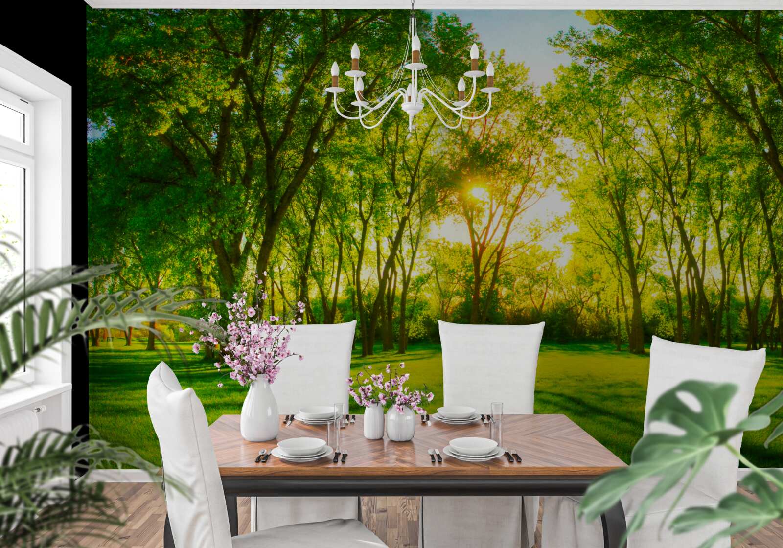 Fototapeta w jasnej palecie zielonego porannego lasu