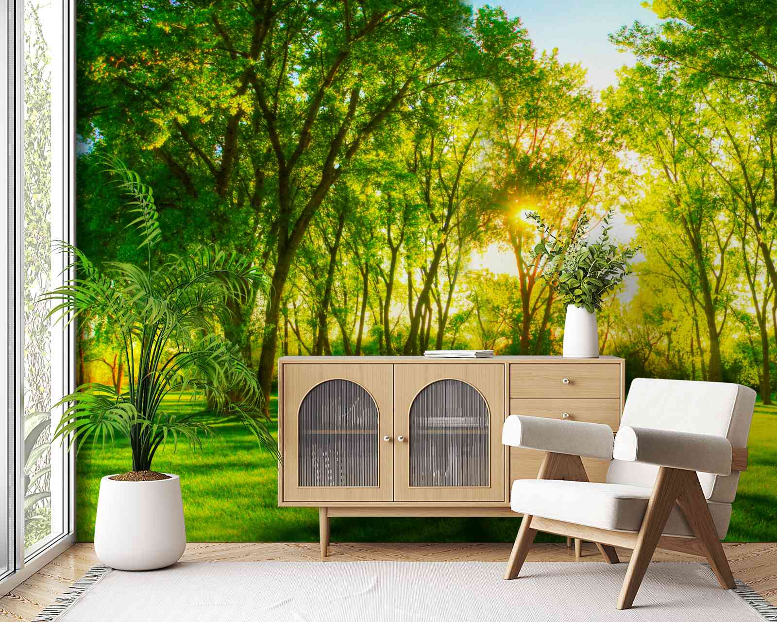 Fototapeta w jasnej palecie zielonego porannego lasu