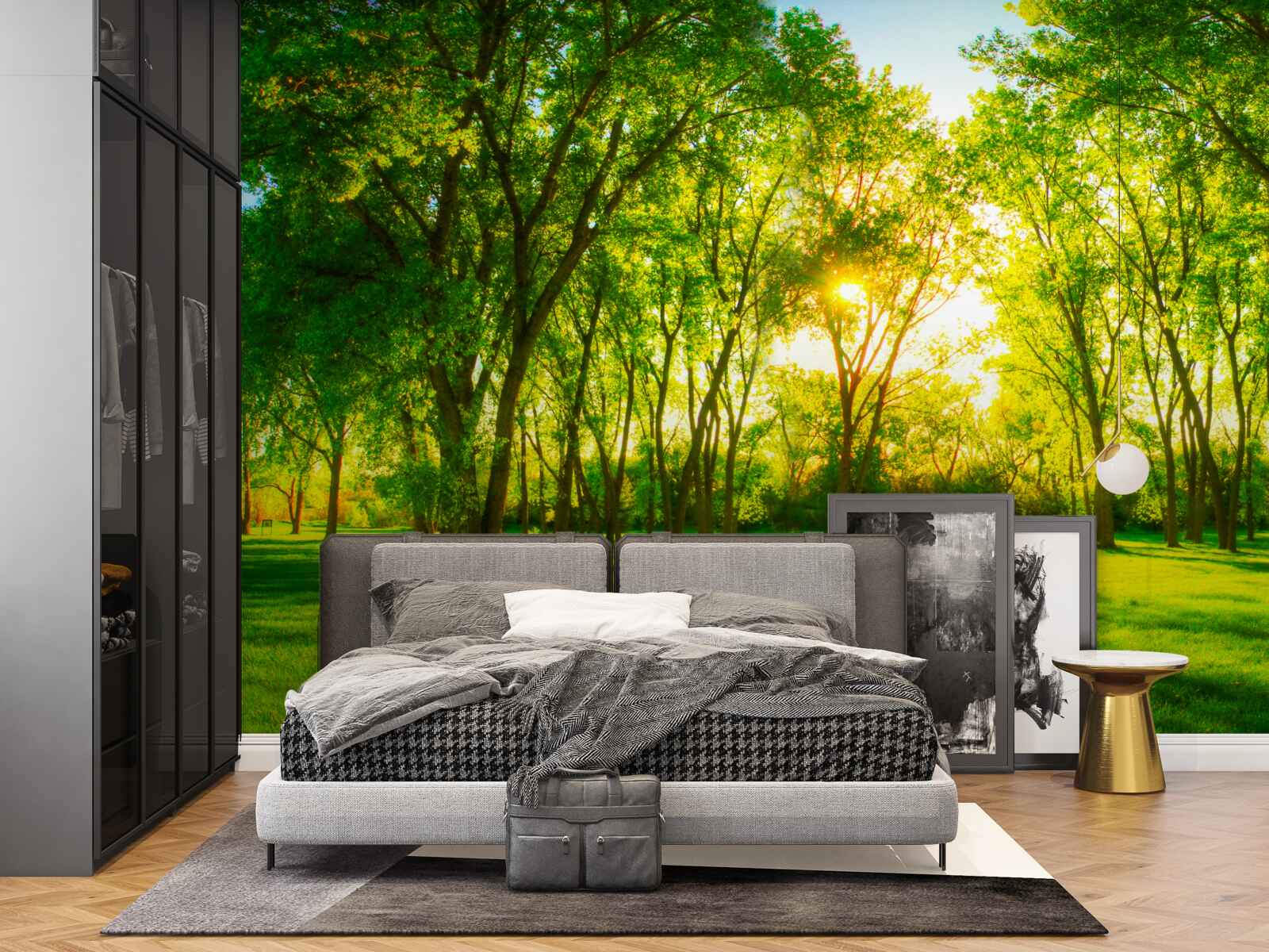 Fototapeta w jasnej palecie zielonego porannego lasu