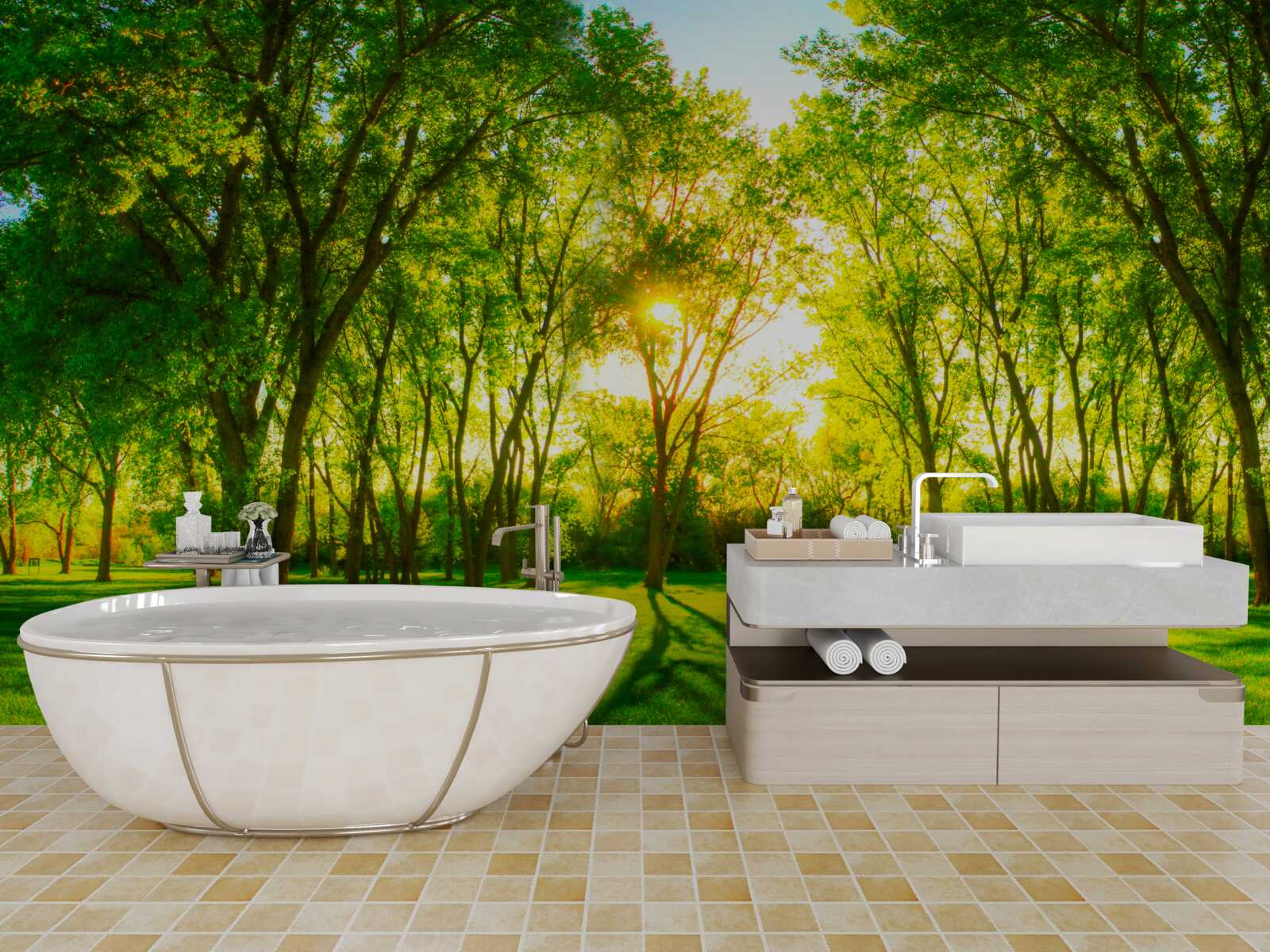 Fototapeta w jasnej palecie zielonego porannego lasu