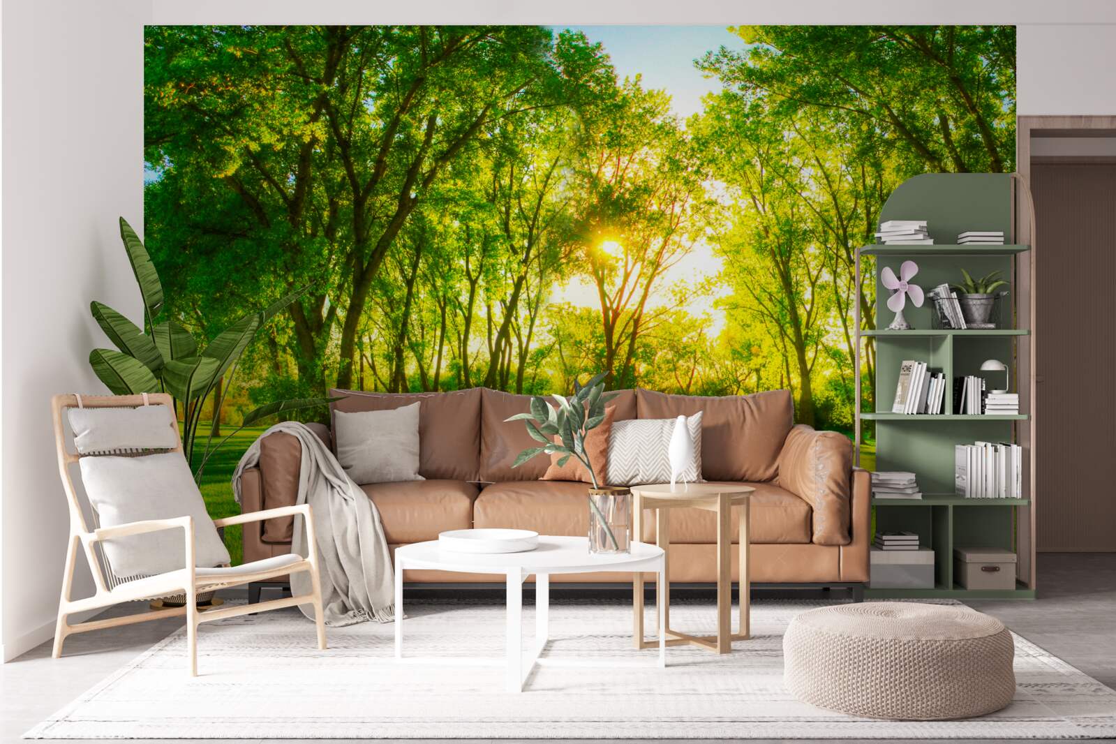 Fototapeta w jasnej palecie zielonego porannego lasu