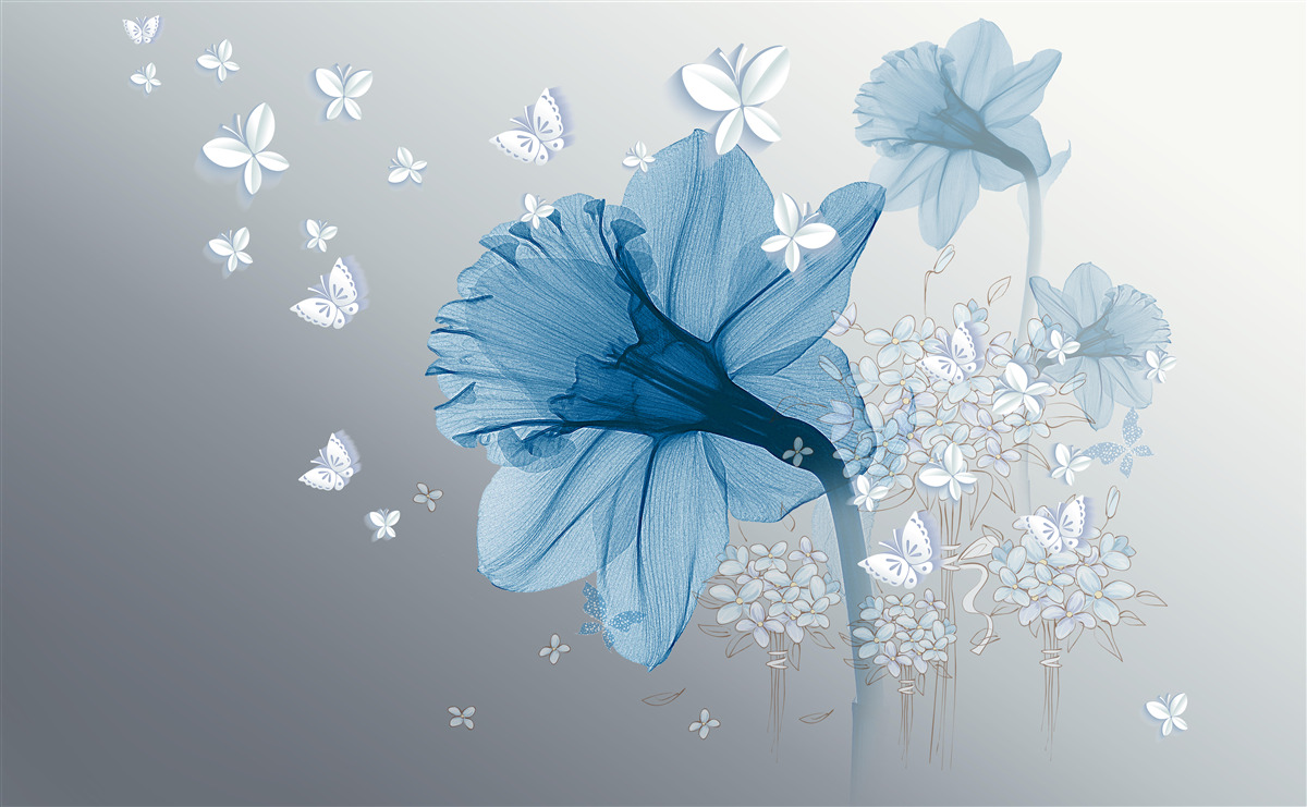 Fototapeta niebieskie kwiaty otoczone są białymi motylami