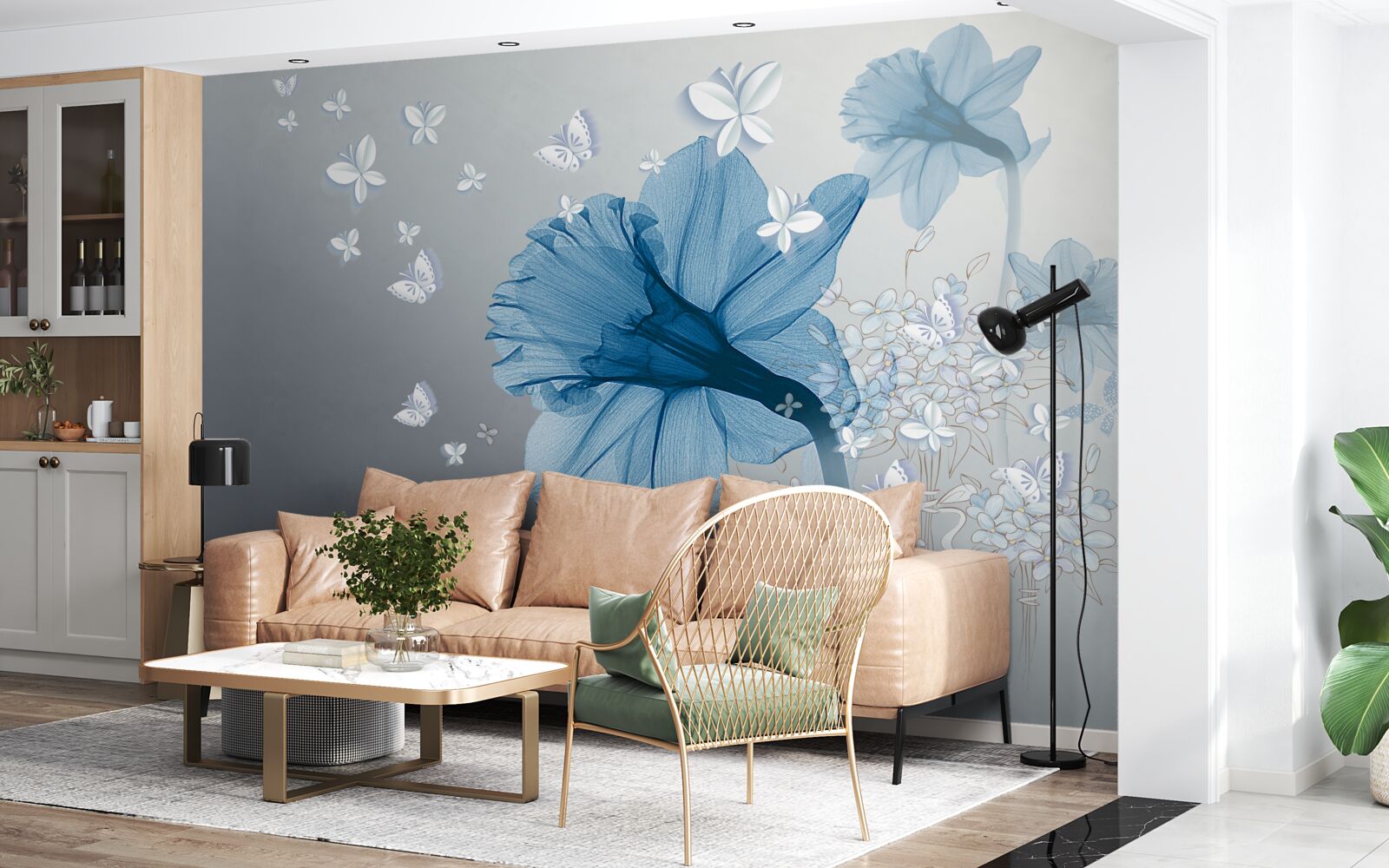 Fototapeta niebieskie kwiaty otoczone są białymi motylami