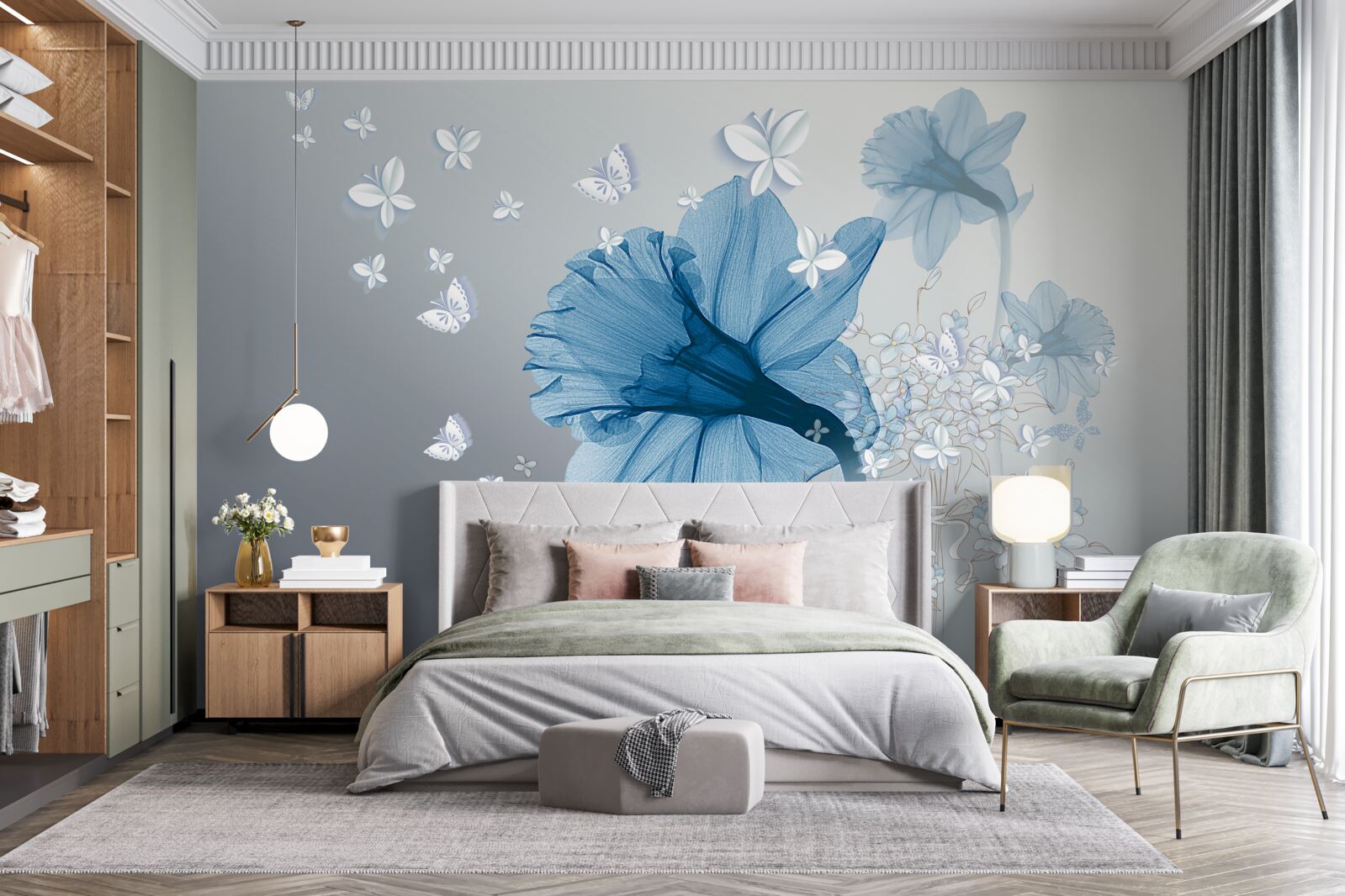 Fototapeta niebieskie kwiaty otoczone są białymi motylami