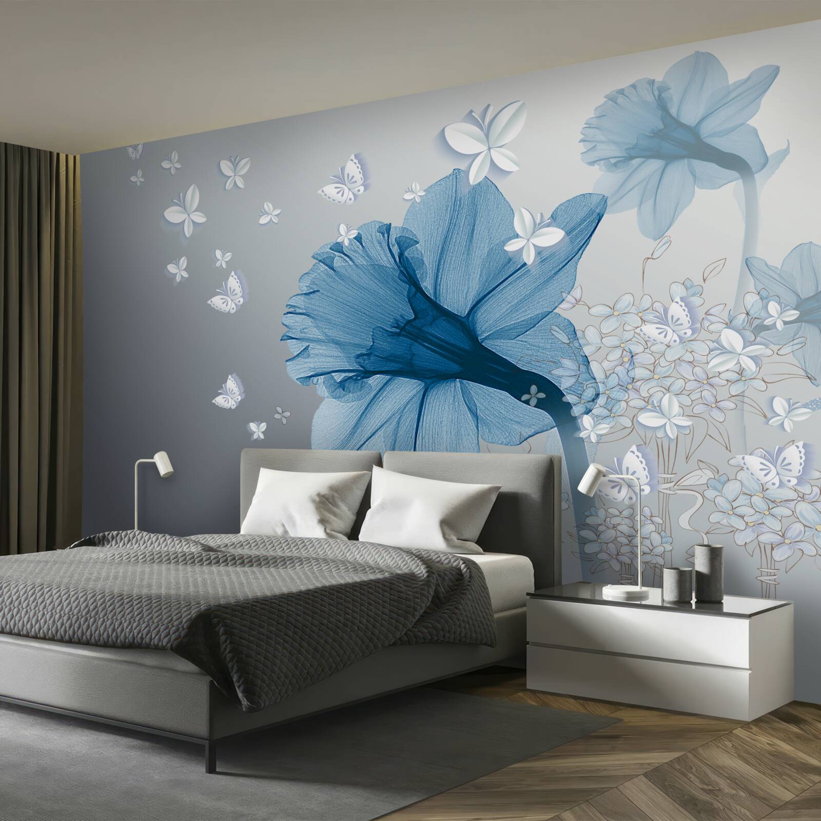 Fototapeta niebieskie kwiaty otoczone są białymi motylami