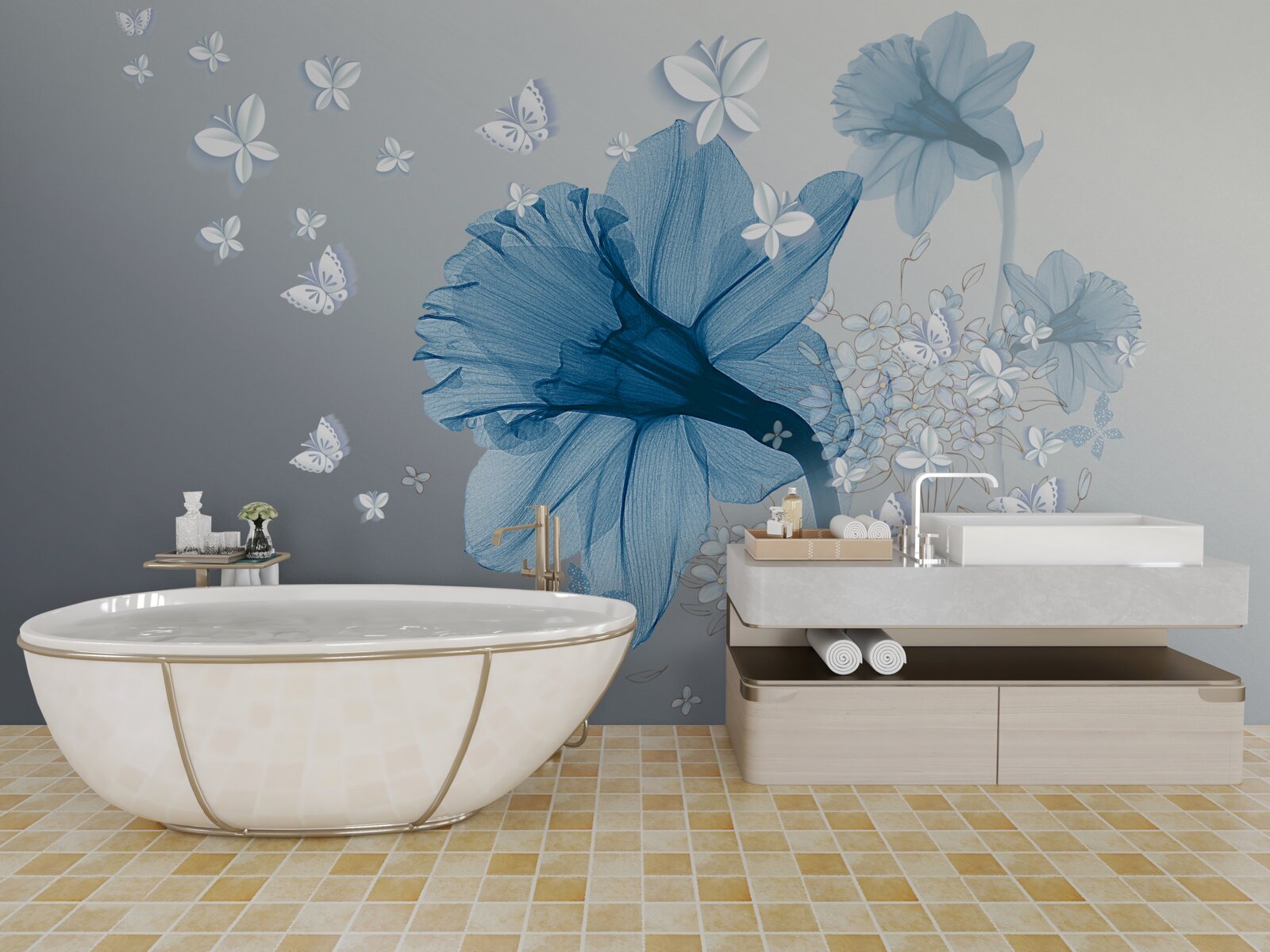 Fototapeta niebieskie kwiaty otoczone są białymi motylami