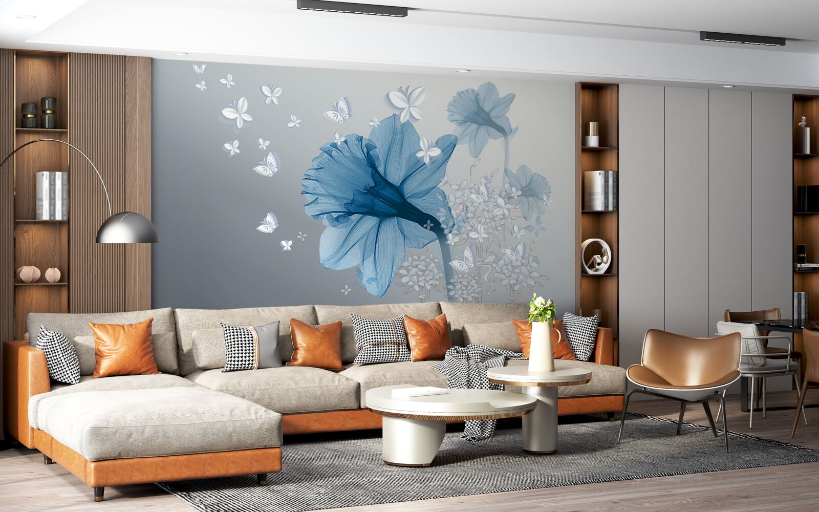 Fototapeta niebieskie kwiaty otoczone są białymi motylami