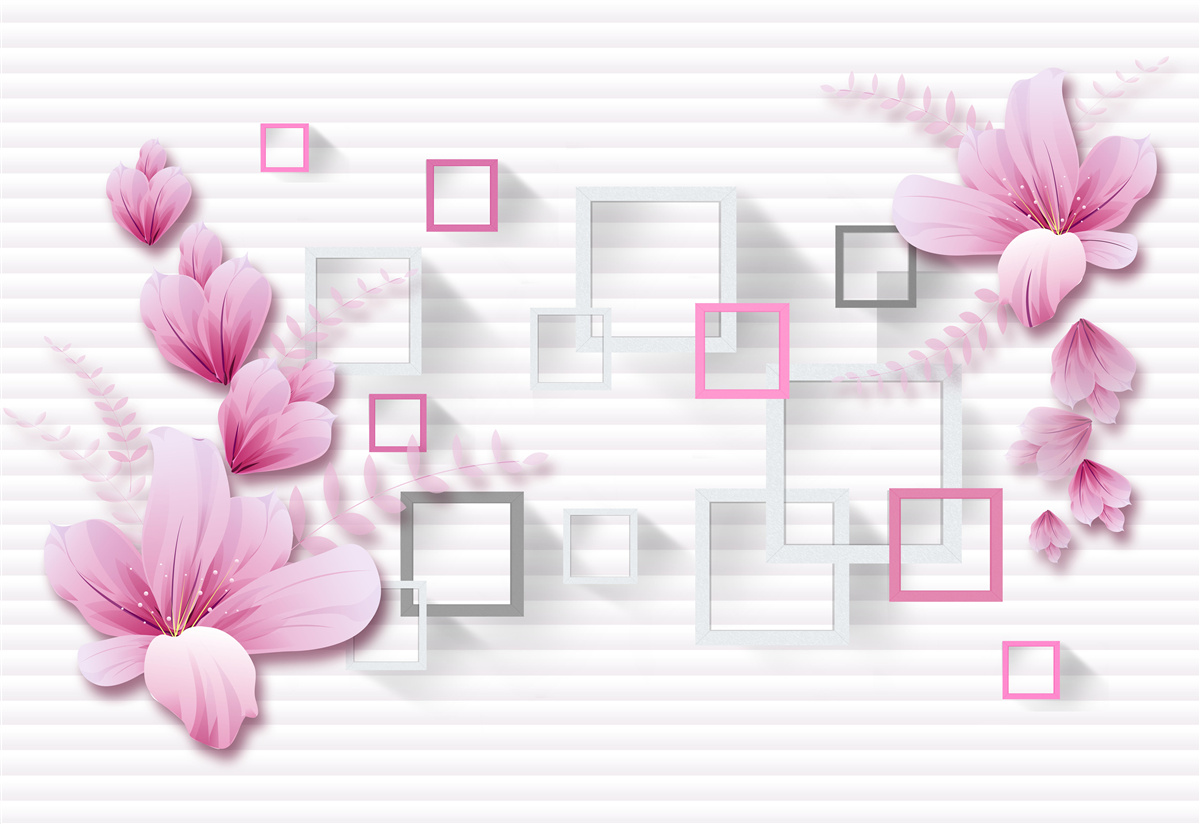 Fototapeta kwadraty i liliowe kwiatki na śnieżnobiałej cegle