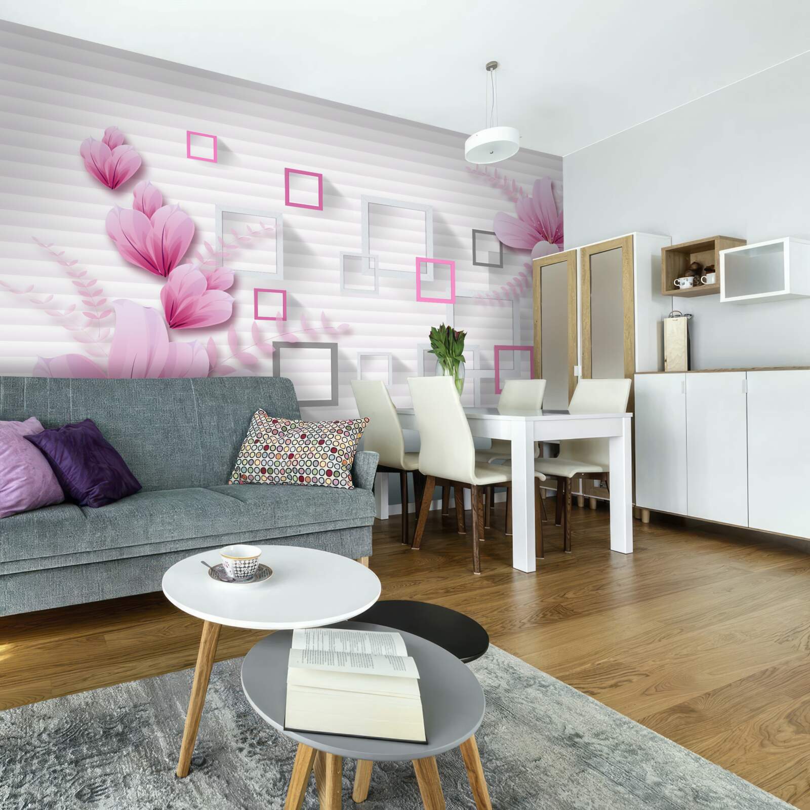 Fototapeta kwadraty i liliowe kwiatki na śnieżnobiałej cegle