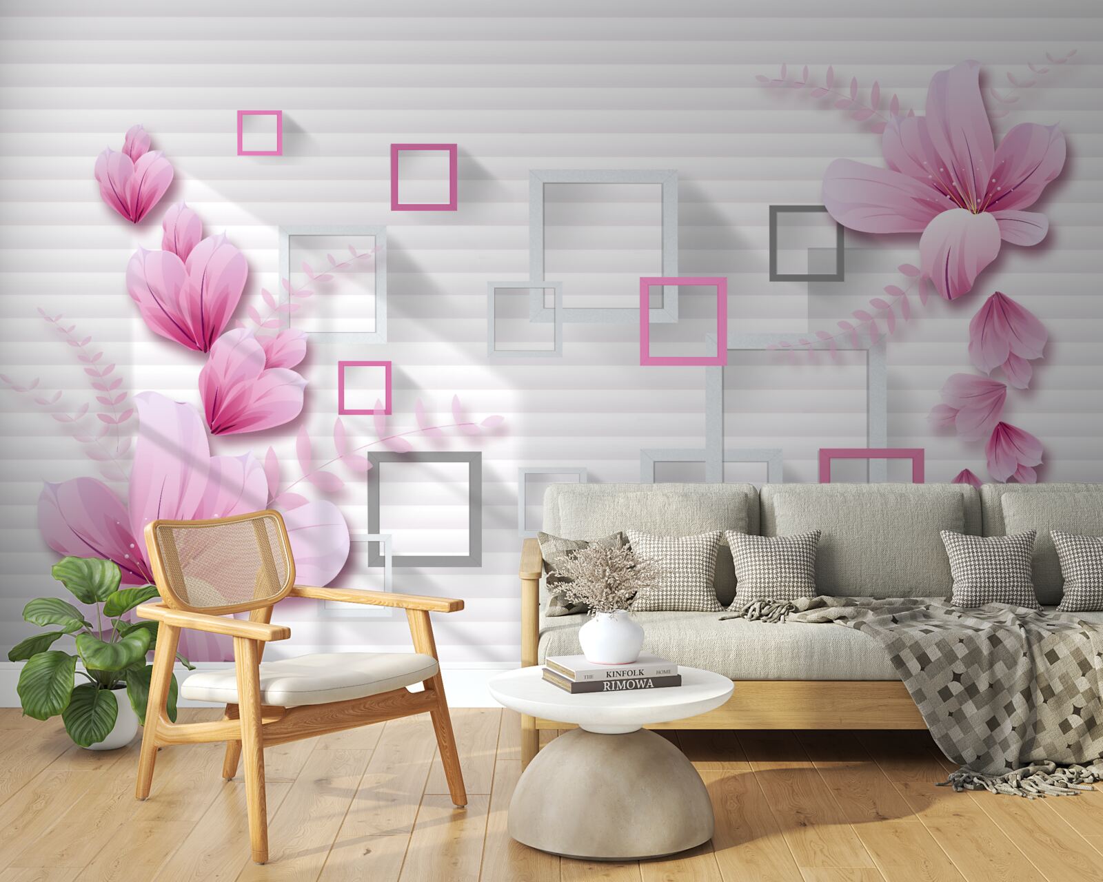 Fototapeta kwadraty i liliowe kwiatki na śnieżnobiałej cegle