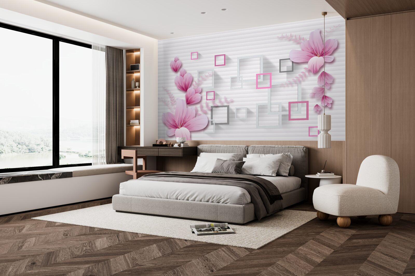 Fototapeta kwadraty i liliowe kwiatki na śnieżnobiałej cegle