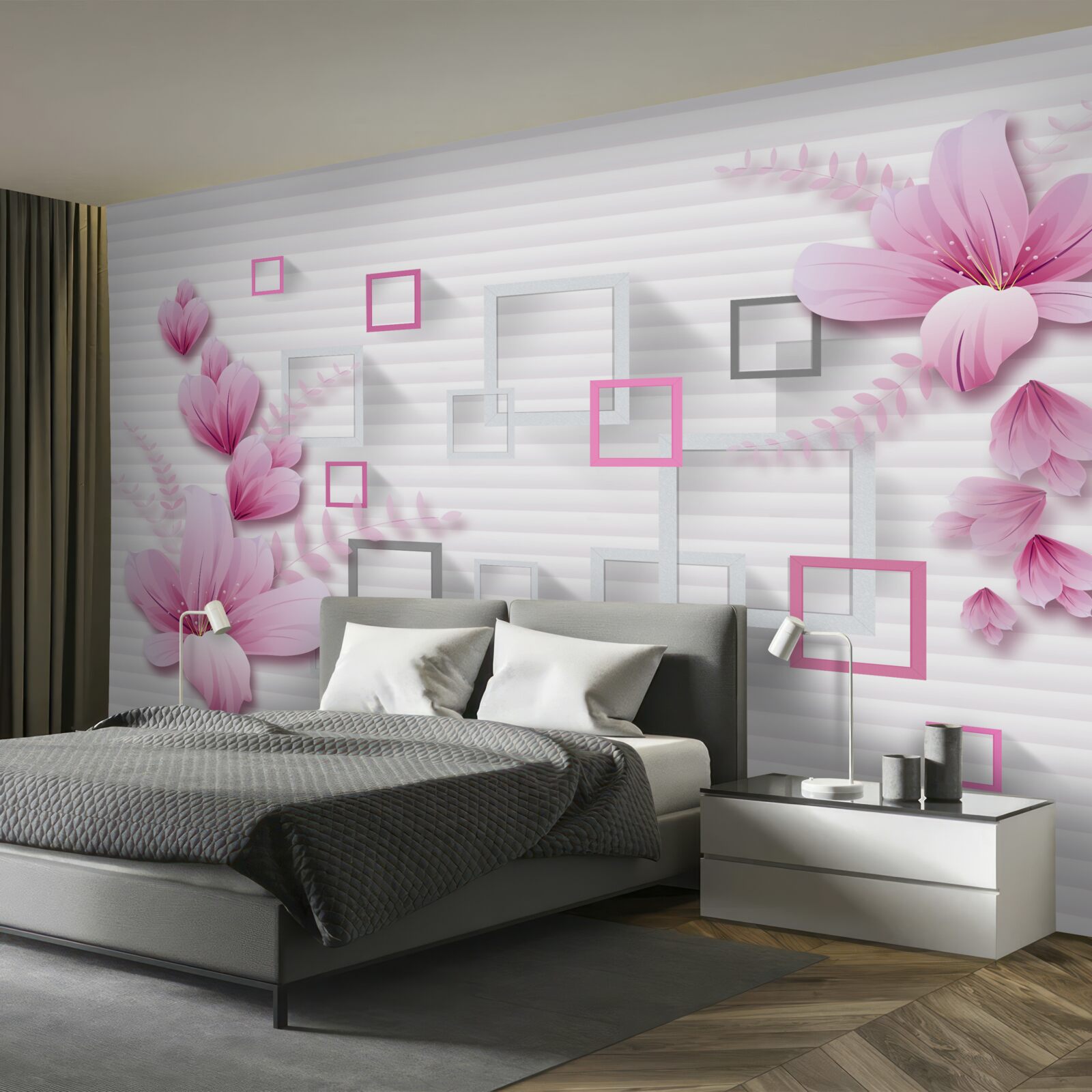 Fototapeta kwadraty i liliowe kwiatki na śnieżnobiałej cegle