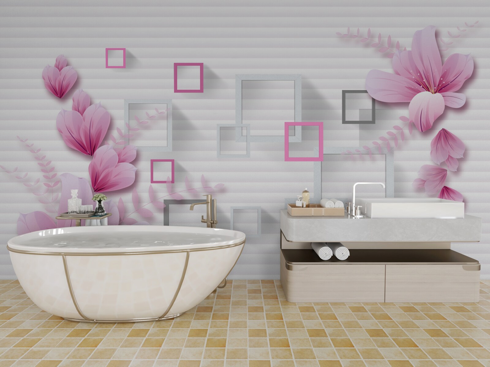 Fototapeta kwadraty i liliowe kwiatki na śnieżnobiałej cegle