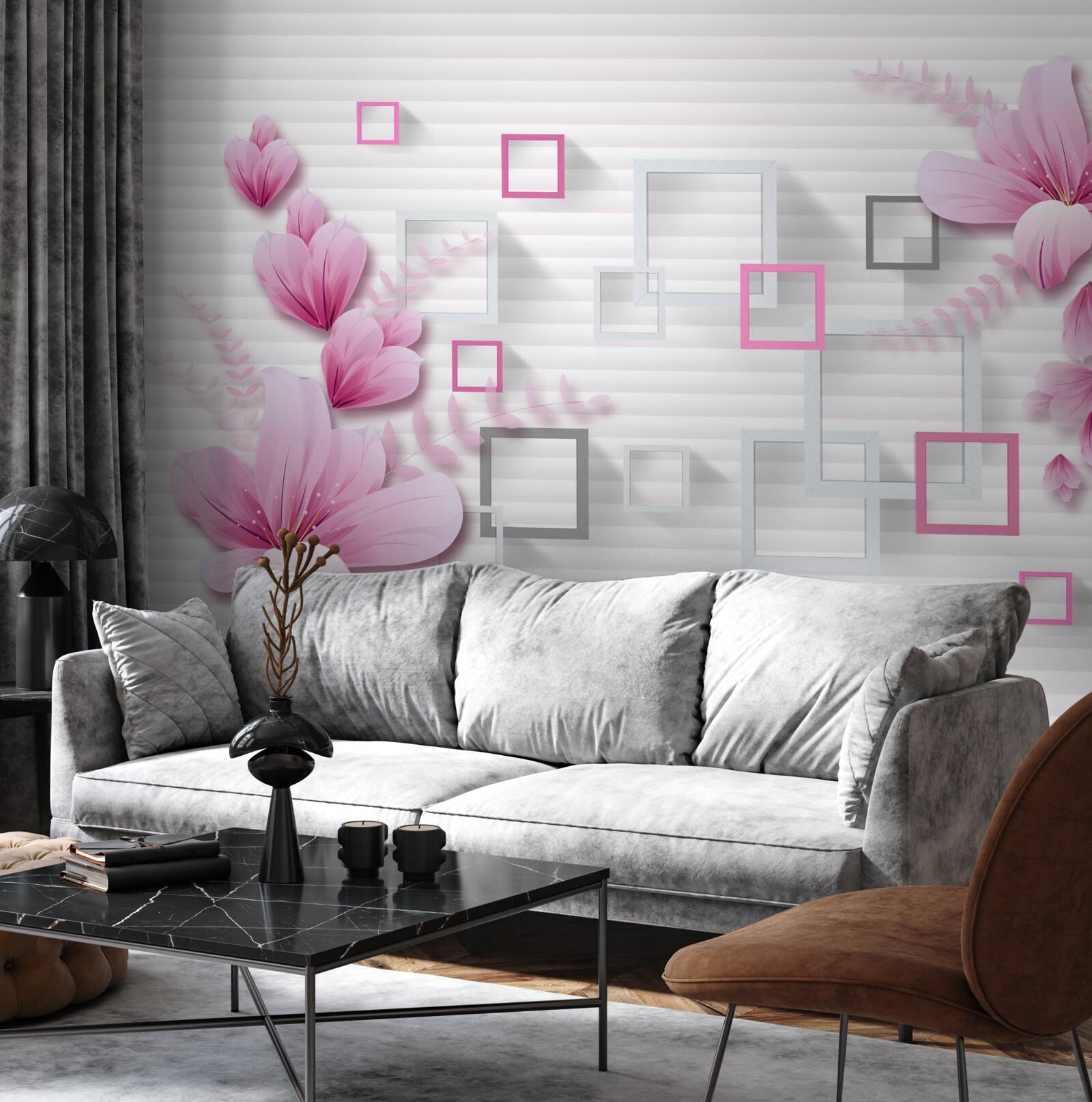 Fototapeta kwadraty i liliowe kwiatki na śnieżnobiałej cegle