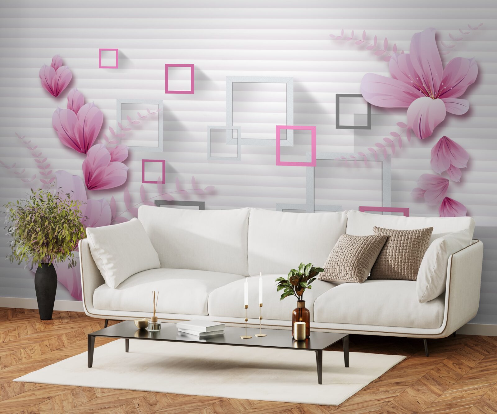Fototapeta kwadraty i liliowe kwiatki na śnieżnobiałej cegle