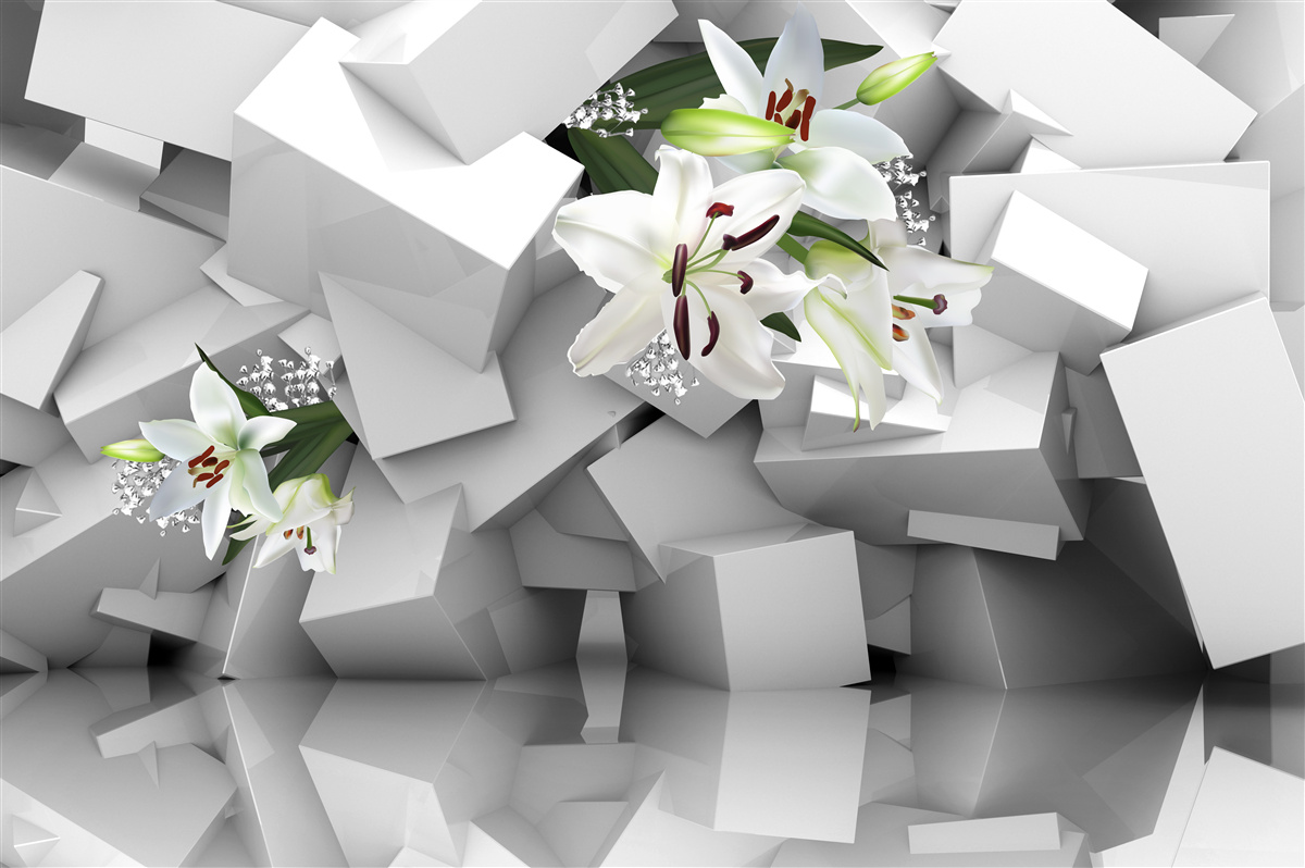 Fototapeta geometryczne tło ozdobione pąkami białej lilii