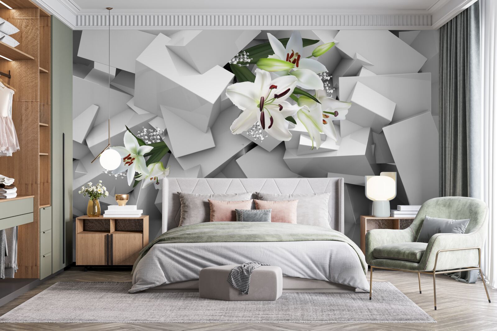 Fototapeta geometryczne tło ozdobione pąkami białej lilii