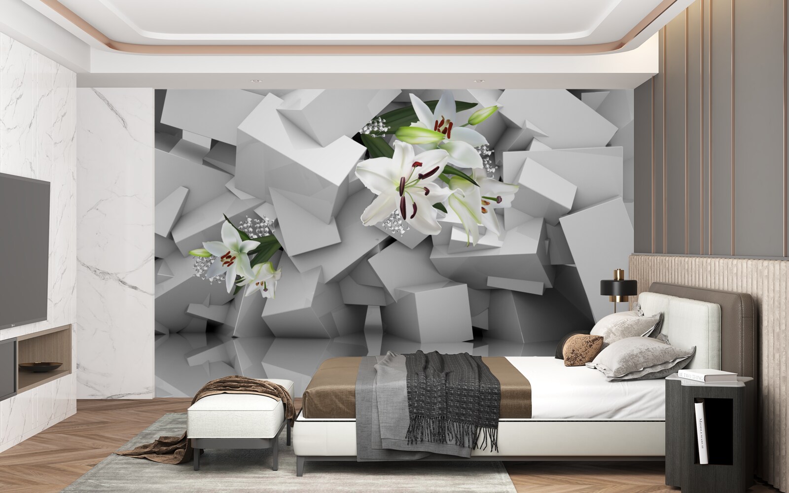 Fototapeta geometryczne tło ozdobione pąkami białej lilii