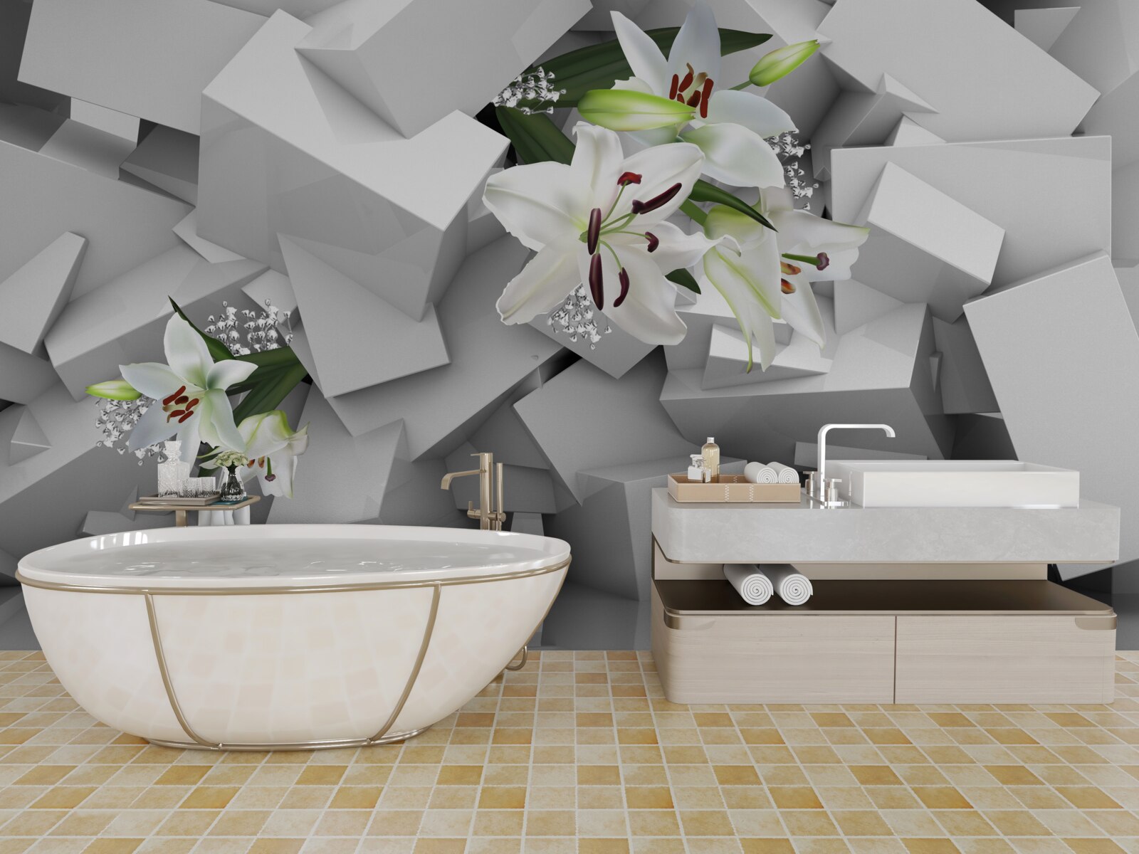 Fototapeta geometryczne tło ozdobione pąkami białej lilii