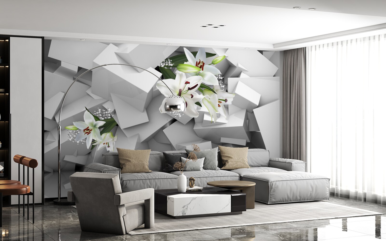 Fototapeta geometryczne tło ozdobione pąkami białej lilii