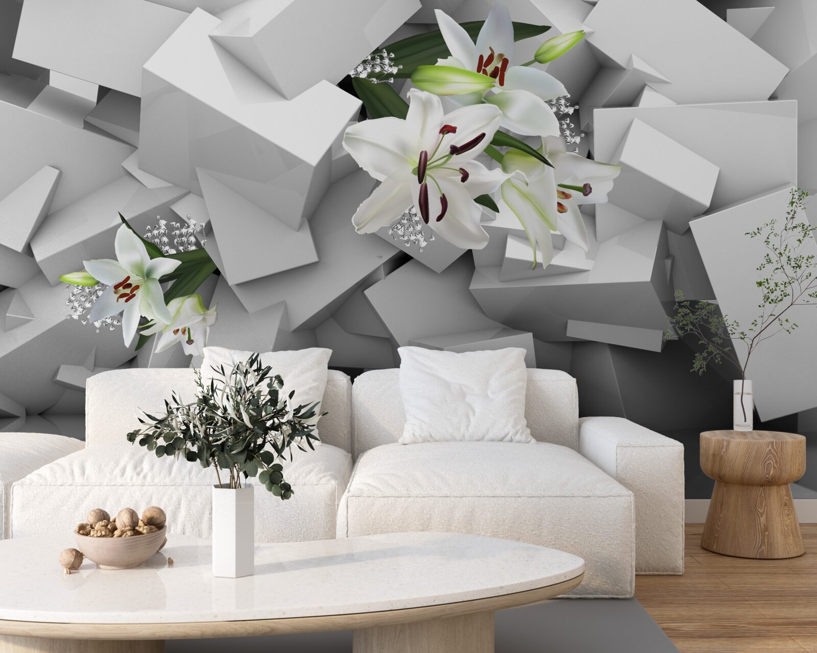 Fototapeta geometryczne tło ozdobione pąkami białej lilii