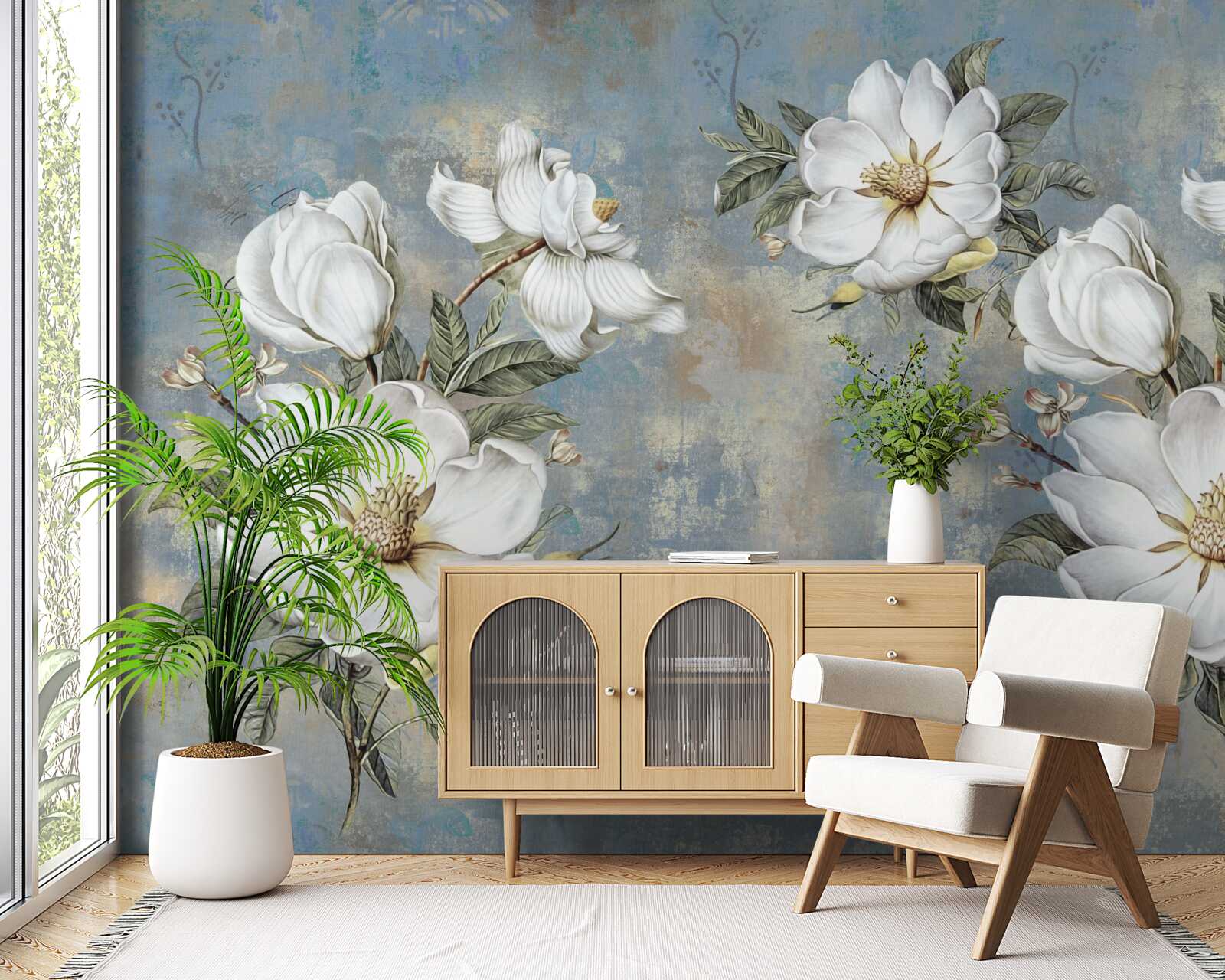 Fototapeta Śnieżnobiałe kwiaty na pomalowanej betonowej ścianie