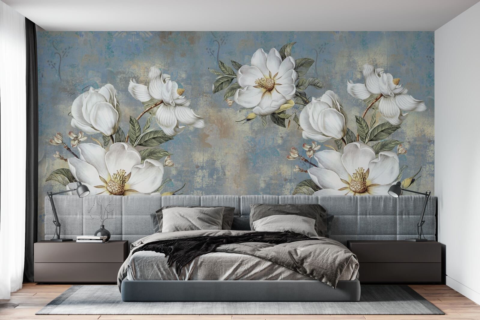 Fototapeta Śnieżnobiałe kwiaty na pomalowanej betonowej ścianie