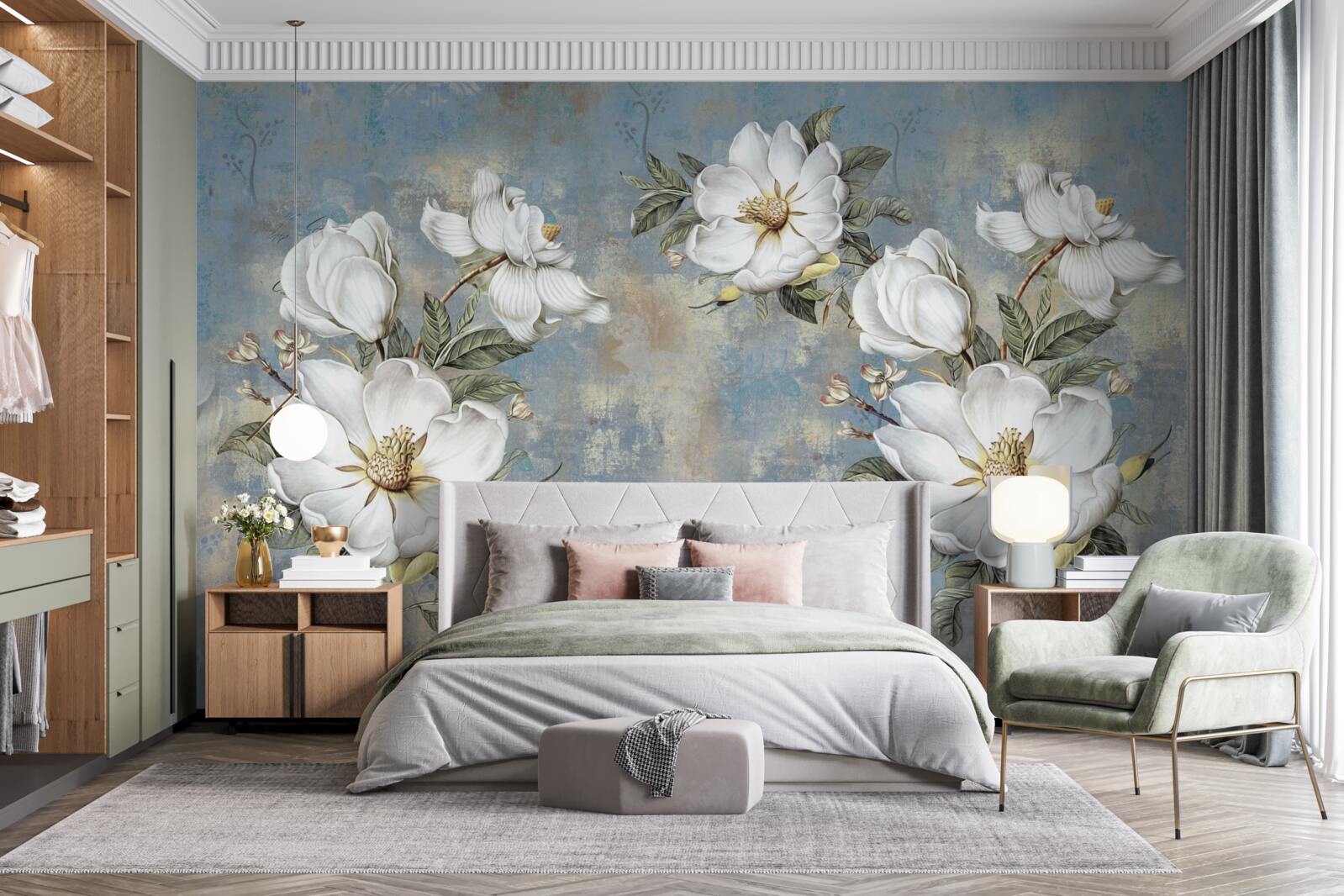 Fototapeta Śnieżnobiałe kwiaty na pomalowanej betonowej ścianie