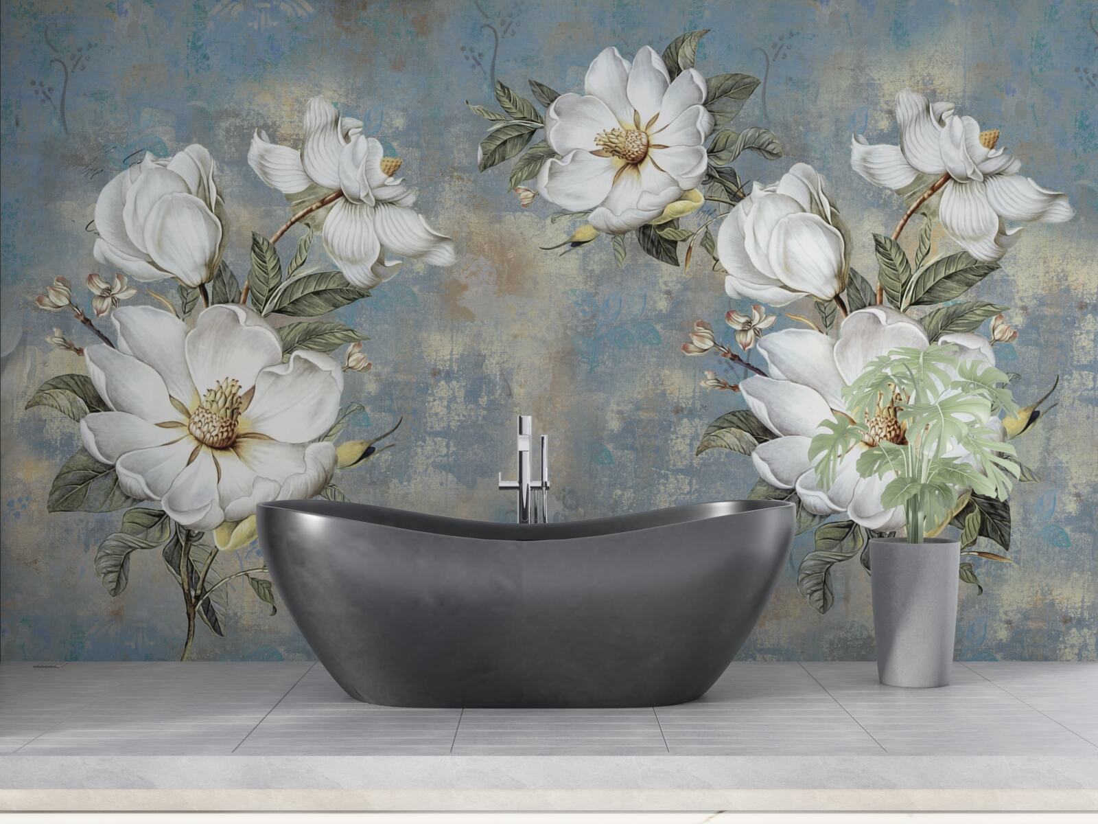 Fototapeta Śnieżnobiałe kwiaty na pomalowanej betonowej ścianie