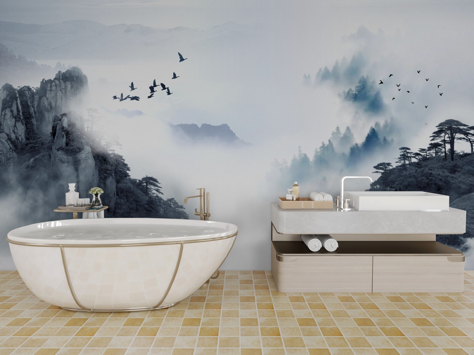 Fototapeta w obawie przed zimną mgłą ptaki wznoszą się na wyżyny