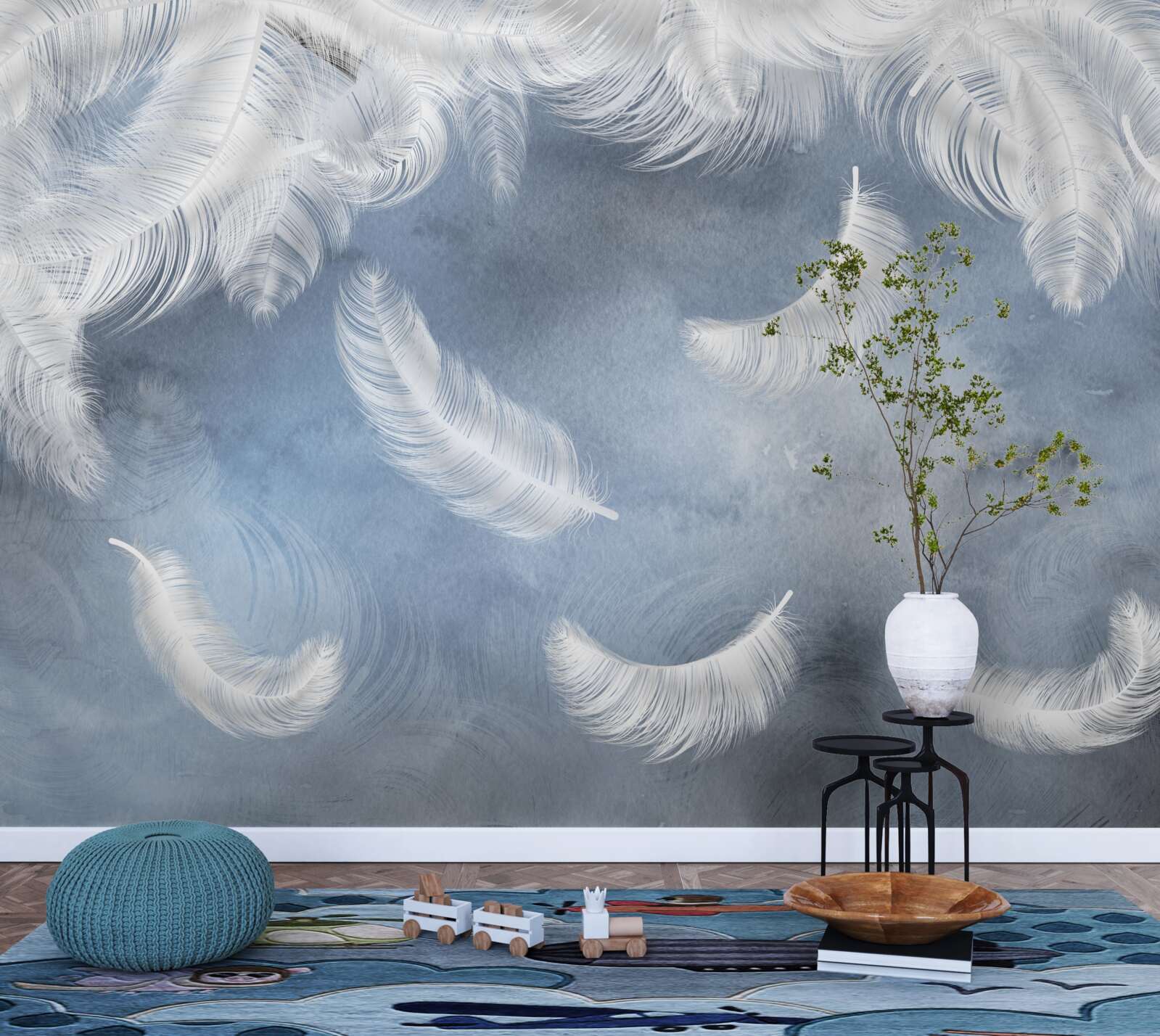 Fototapeta pióra lecą śnieżnobiałe na tle błękitnego nieba