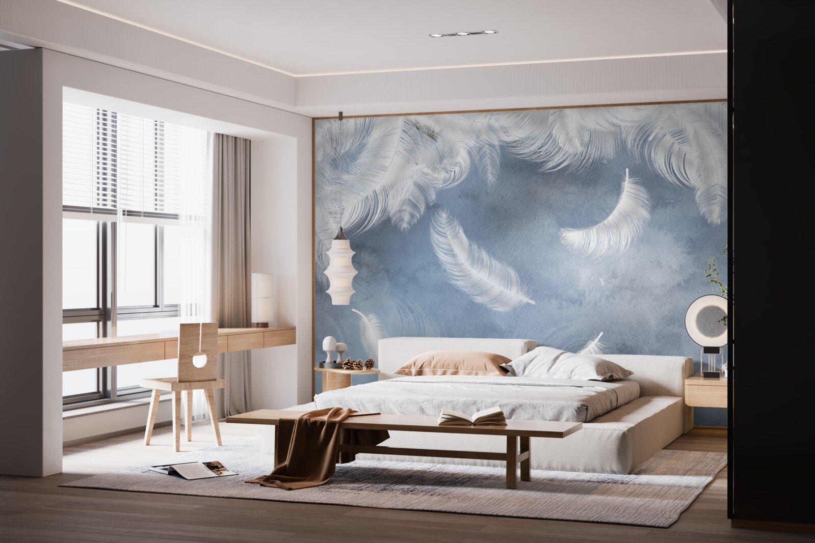 Fototapeta pióra lecą śnieżnobiałe na tle błękitnego nieba