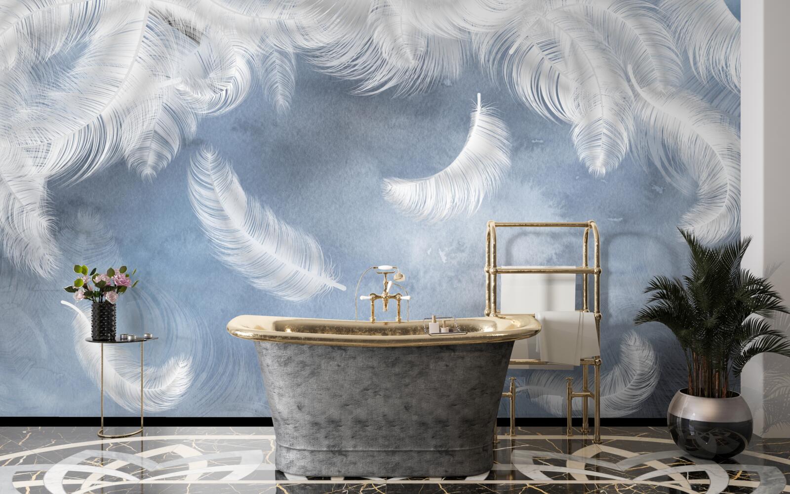 Fototapeta pióra lecą śnieżnobiałe na tle błękitnego nieba