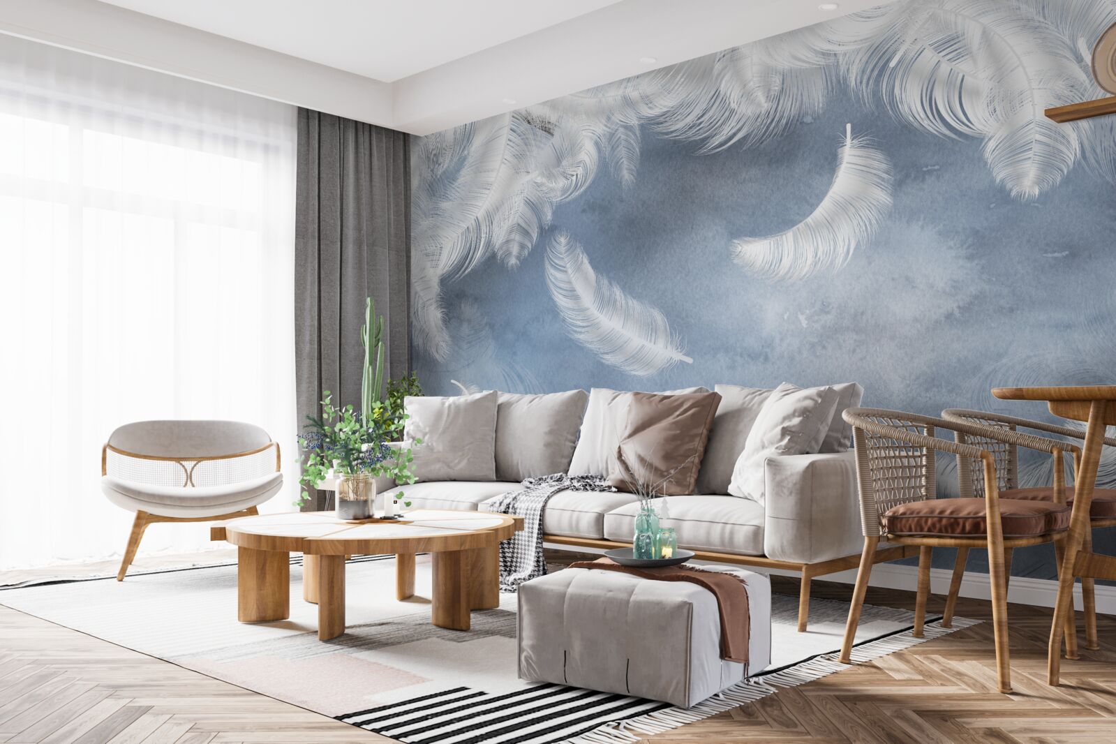 Fototapeta pióra lecą śnieżnobiałe na tle błękitnego nieba