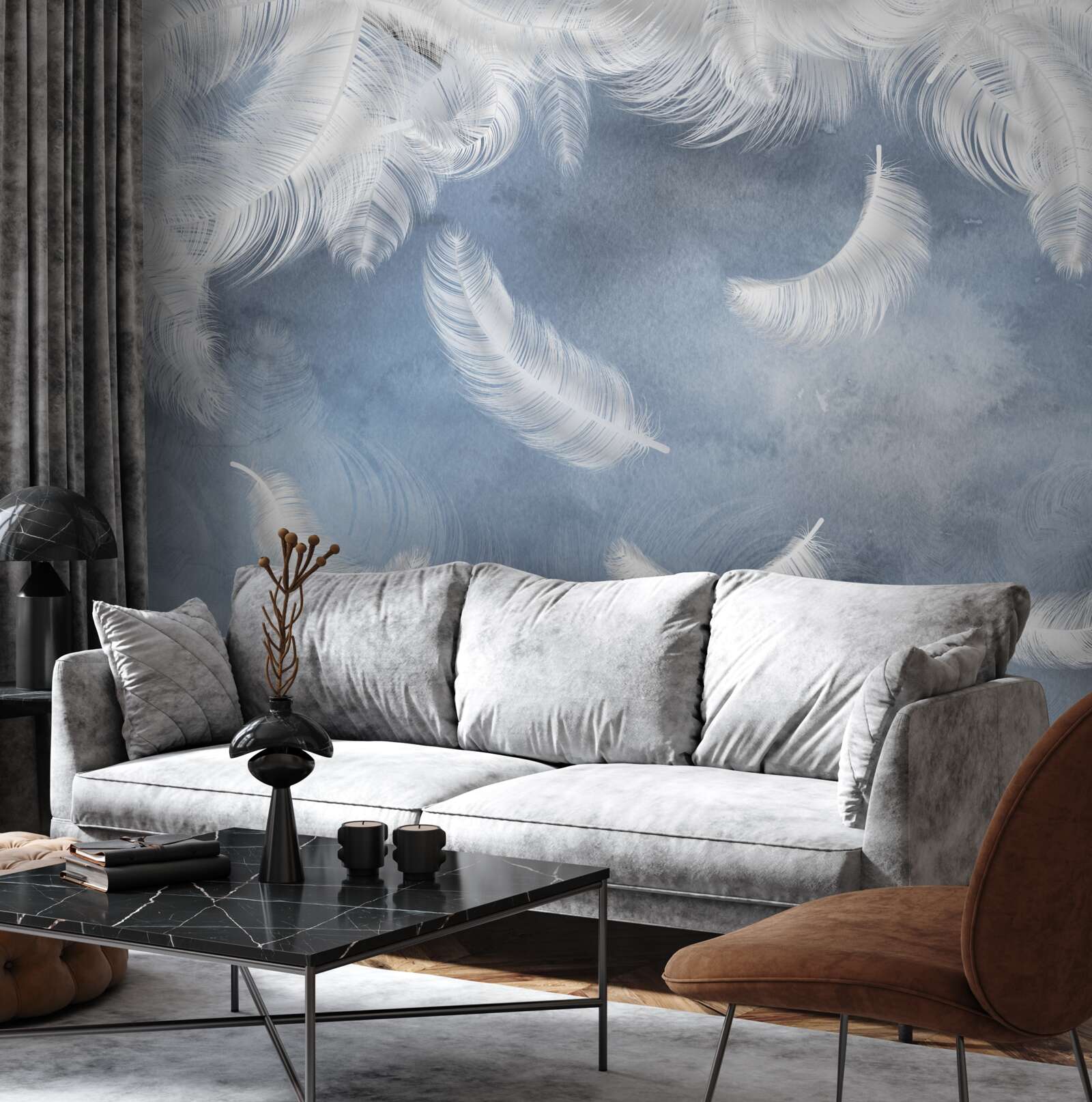 Fototapeta pióra lecą śnieżnobiałe na tle błękitnego nieba