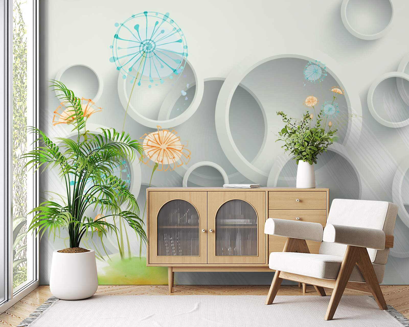 Fototapeta na tle kręgów na łące kwitną mlecze